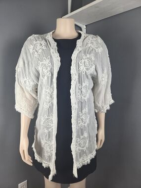 White Floral Embroidered Open-Front Tunic Jacket